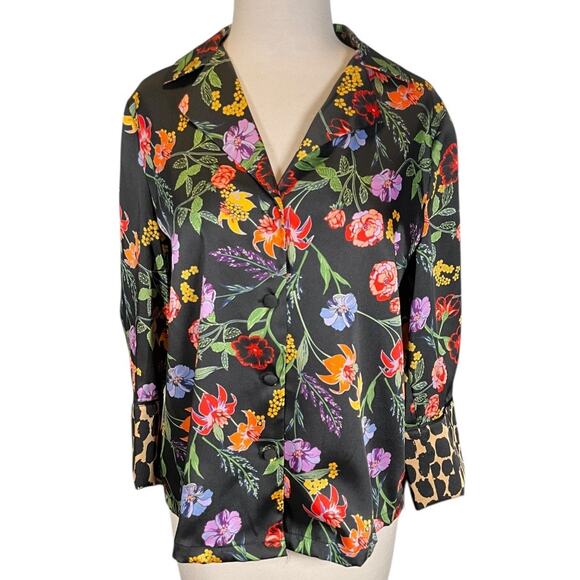 Who What Wear Black Floral Satin Button-Down Blouse – Size Small NWOT Wide Cuffs - Picture 1 of 10